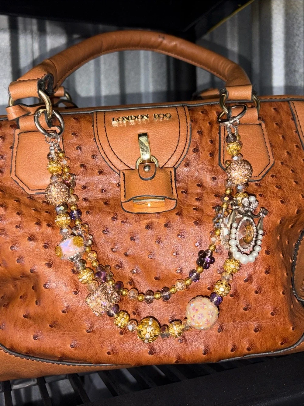 London Fog Cognac Ostrich-Texture Satchel with Gold Bead Charm